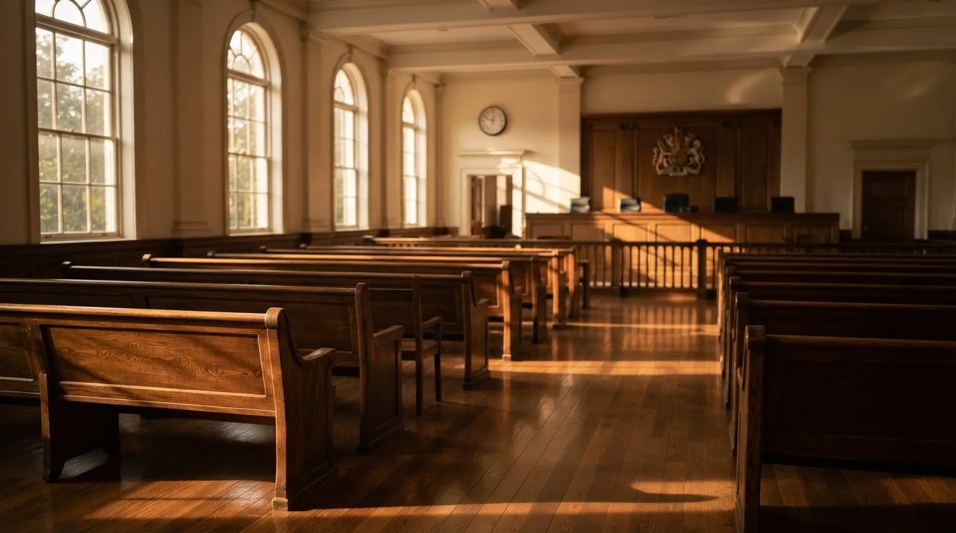 An empty courtroom with wooden benches in morning light