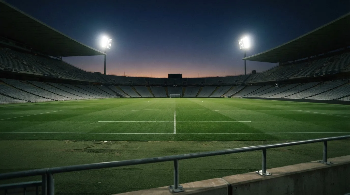 An empty football stadium with floodlight masts at dusk