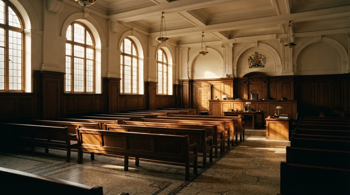 An empty courtroom with wooden benches in morning light