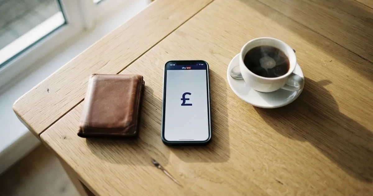 A smartphone on a wooden table beside a wallet and a coffee cup