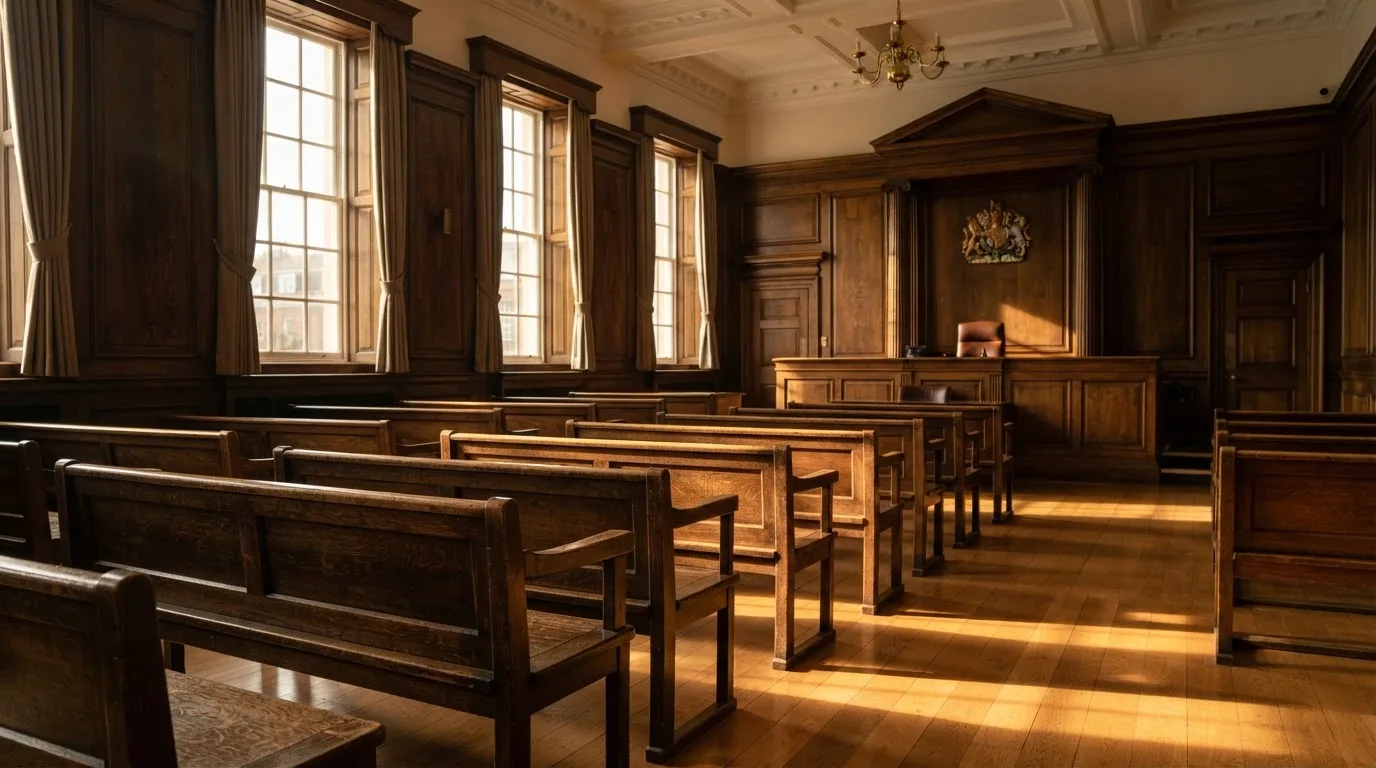 An empty courtroom with wooden benches in morning light