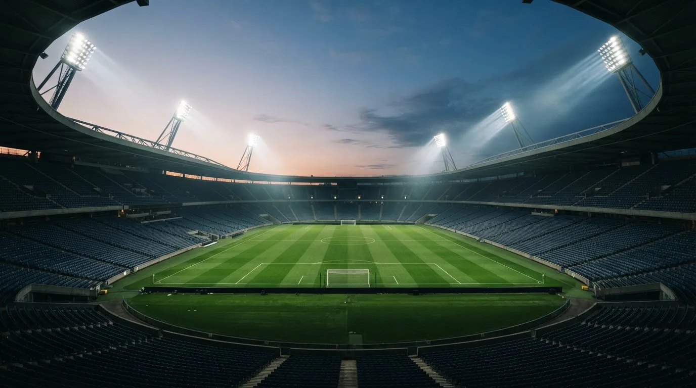 An empty football stadium with floodlight masts at dusk