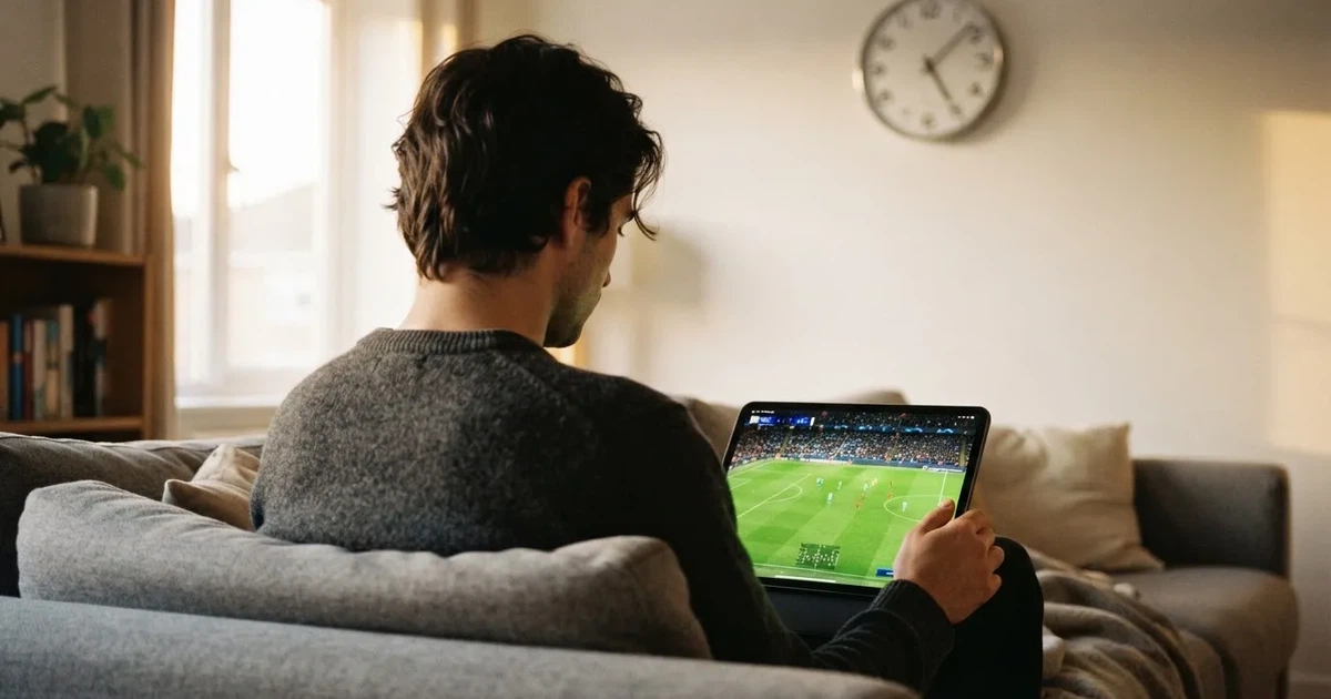 A person on a sofa looking thoughtfully at a tablet, a wall clock in the background