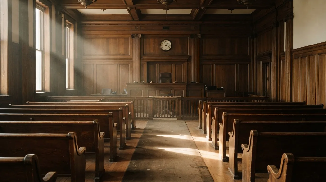 An empty courtroom with wooden benches in morning light