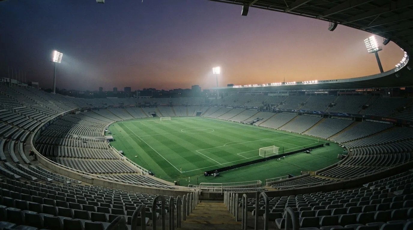 An empty football stadium with floodlight masts at dusk