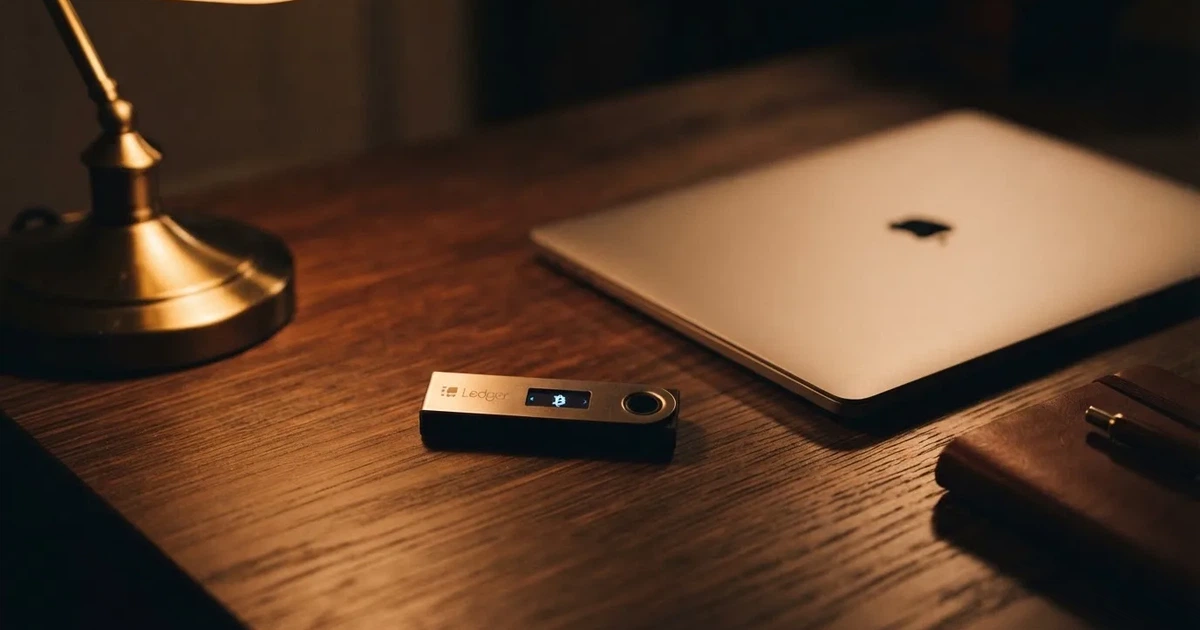 A hardware wallet and a closed laptop on a desk in dim light