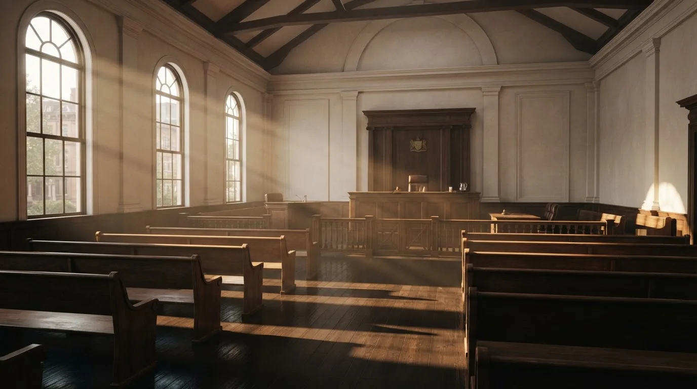 An empty courtroom with wooden benches in morning light