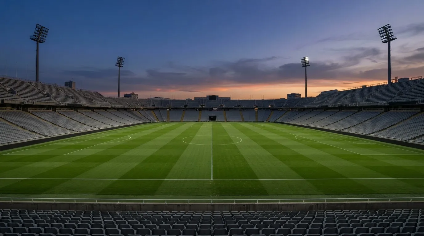 An empty football stadium with floodlight masts at dusk