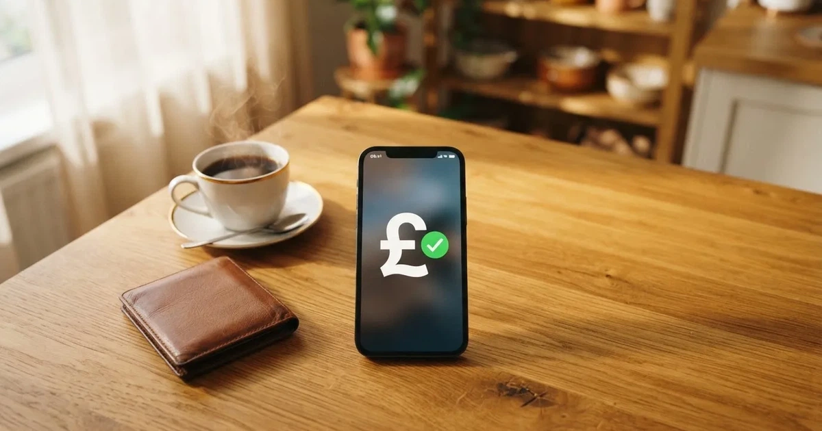 A smartphone on a wooden table beside a wallet and a coffee cup