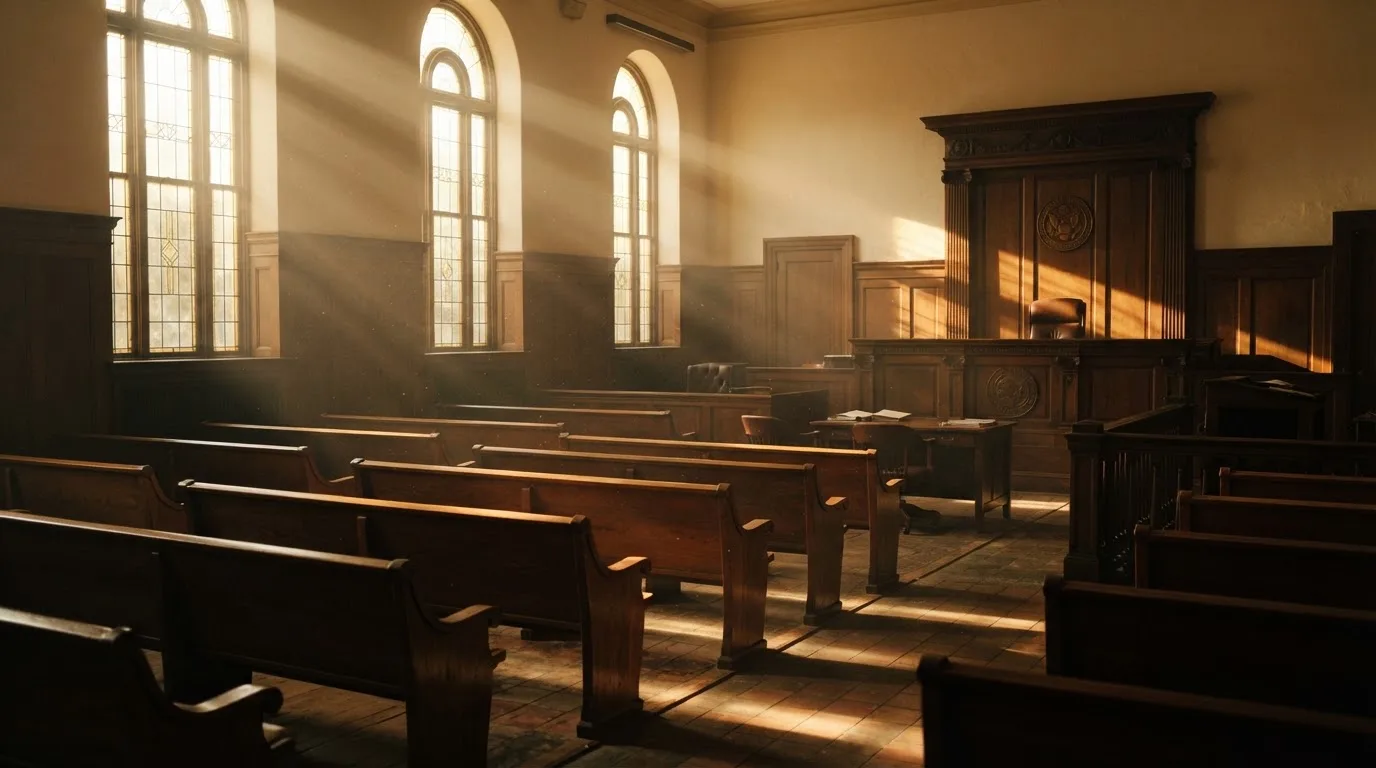 An empty courtroom with wooden benches in morning light