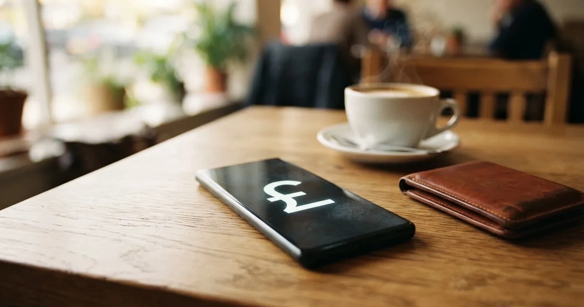 A smartphone on a wooden table beside a wallet and a coffee cup