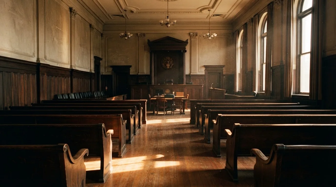An empty courtroom with wooden benches in morning light