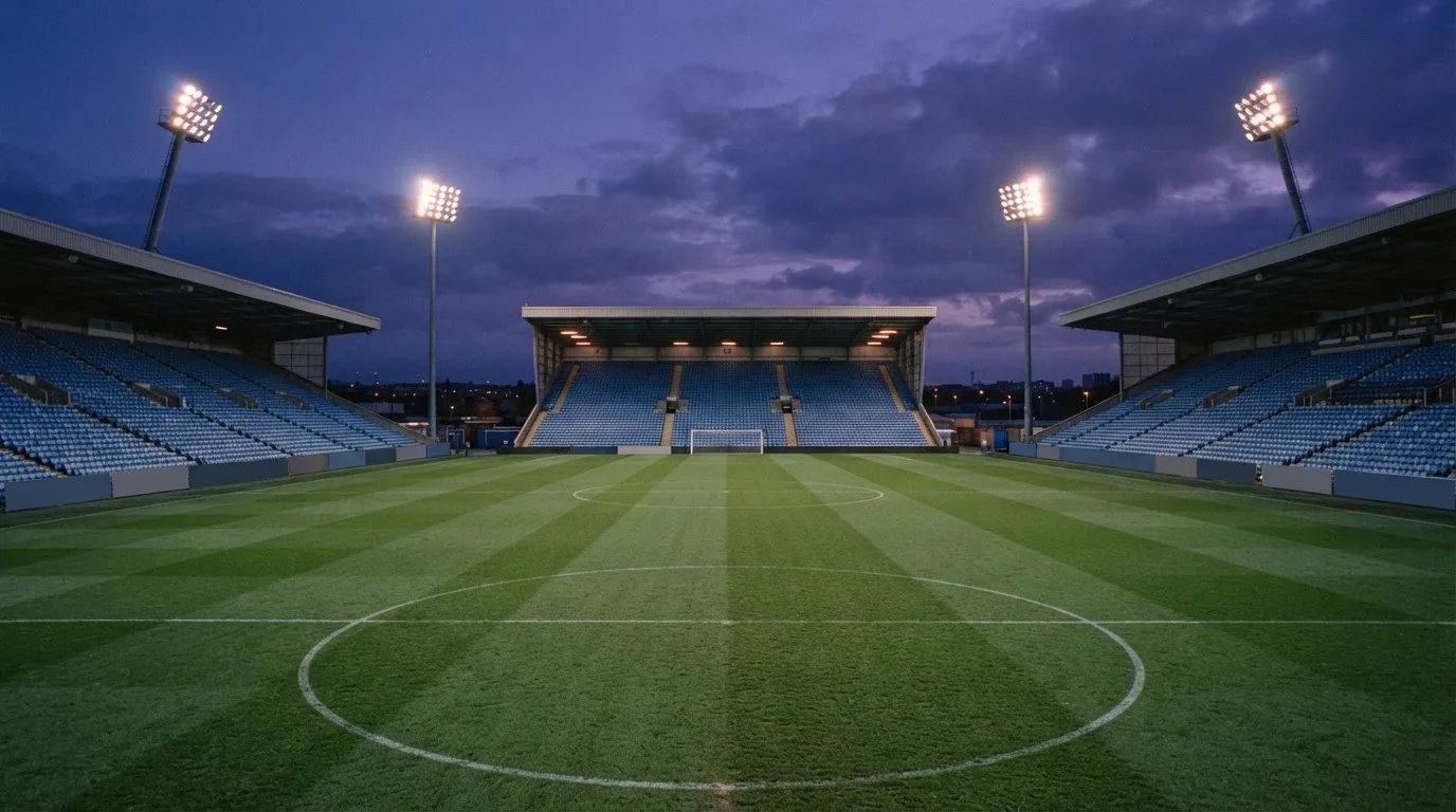 An empty football stadium with floodlight masts at dusk