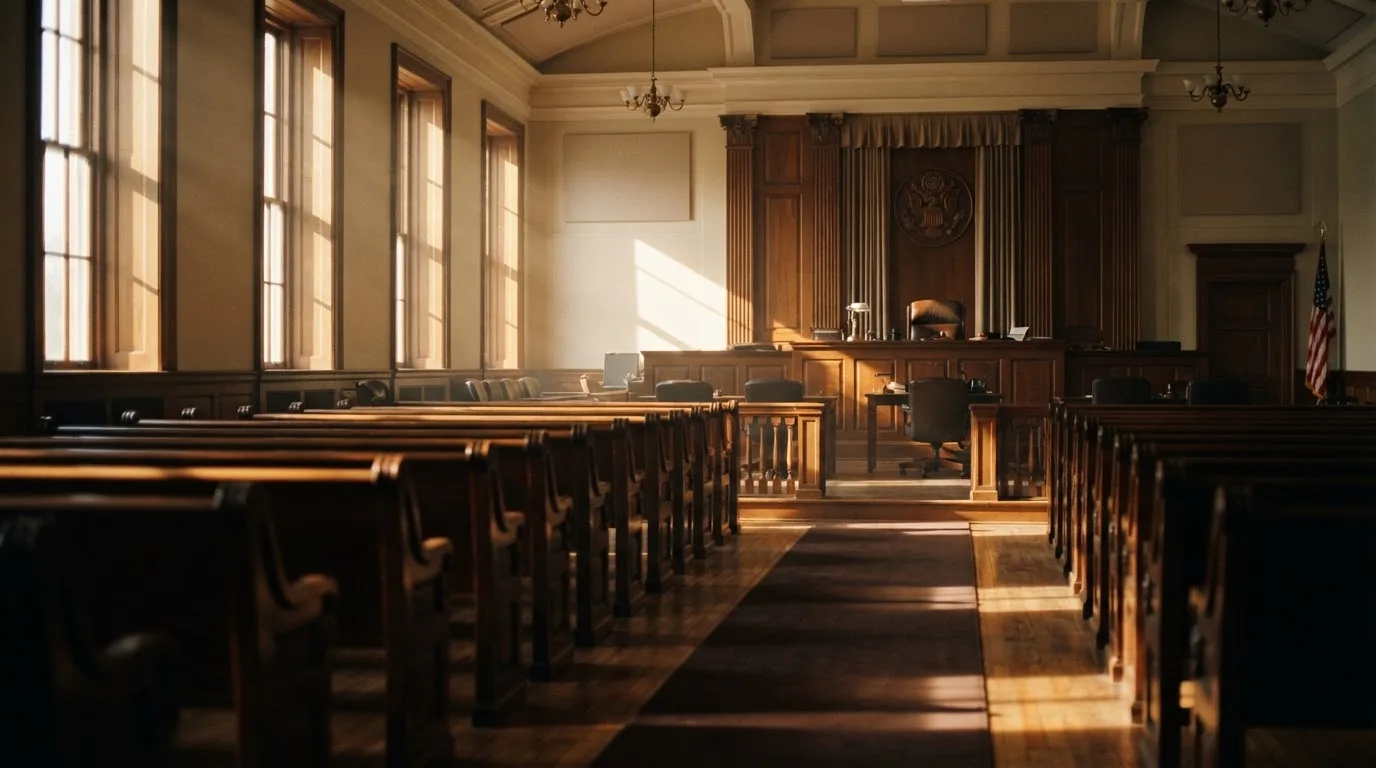 An empty courtroom with wooden benches in morning light