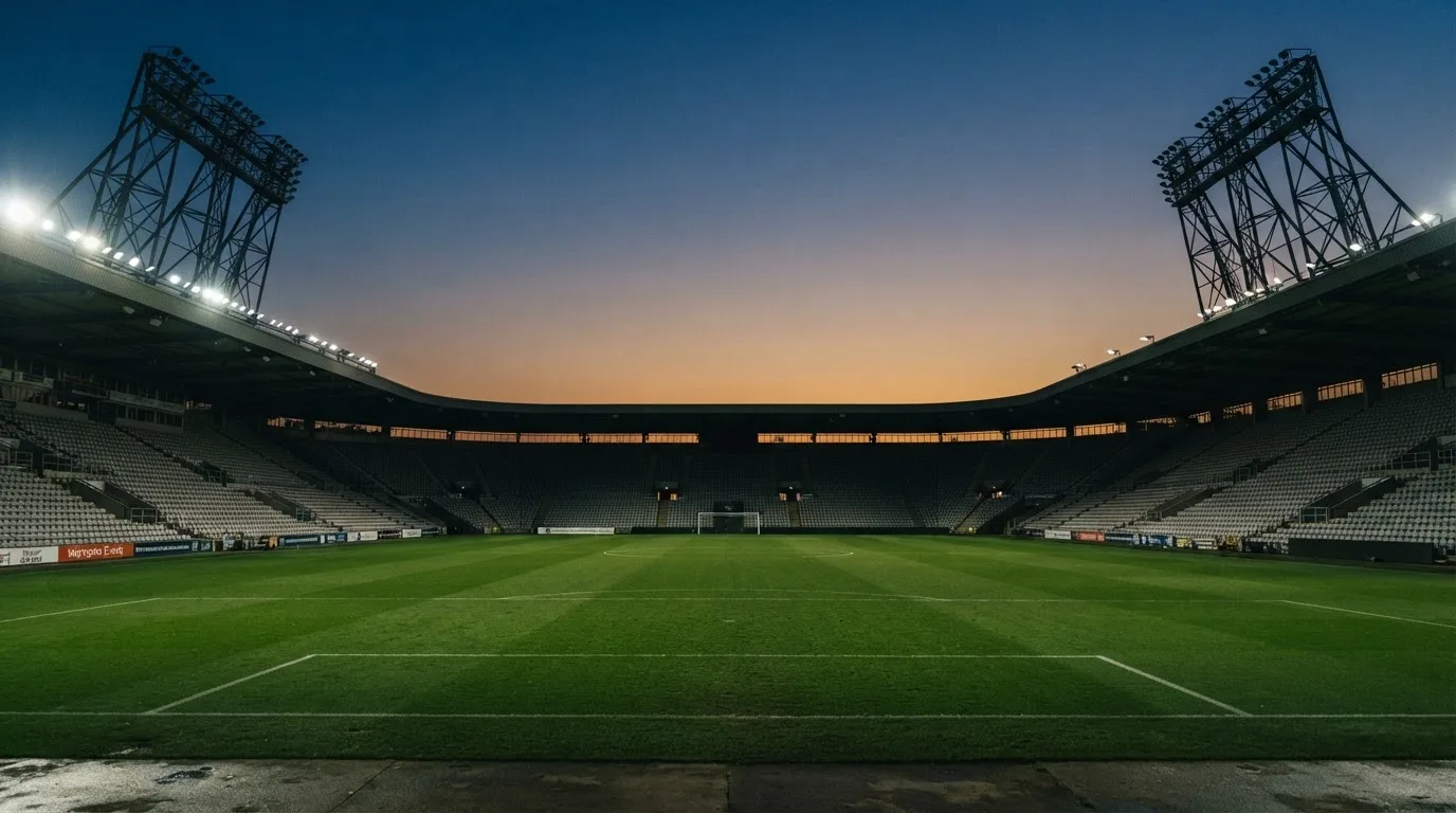 An empty football stadium with floodlight masts at dusk