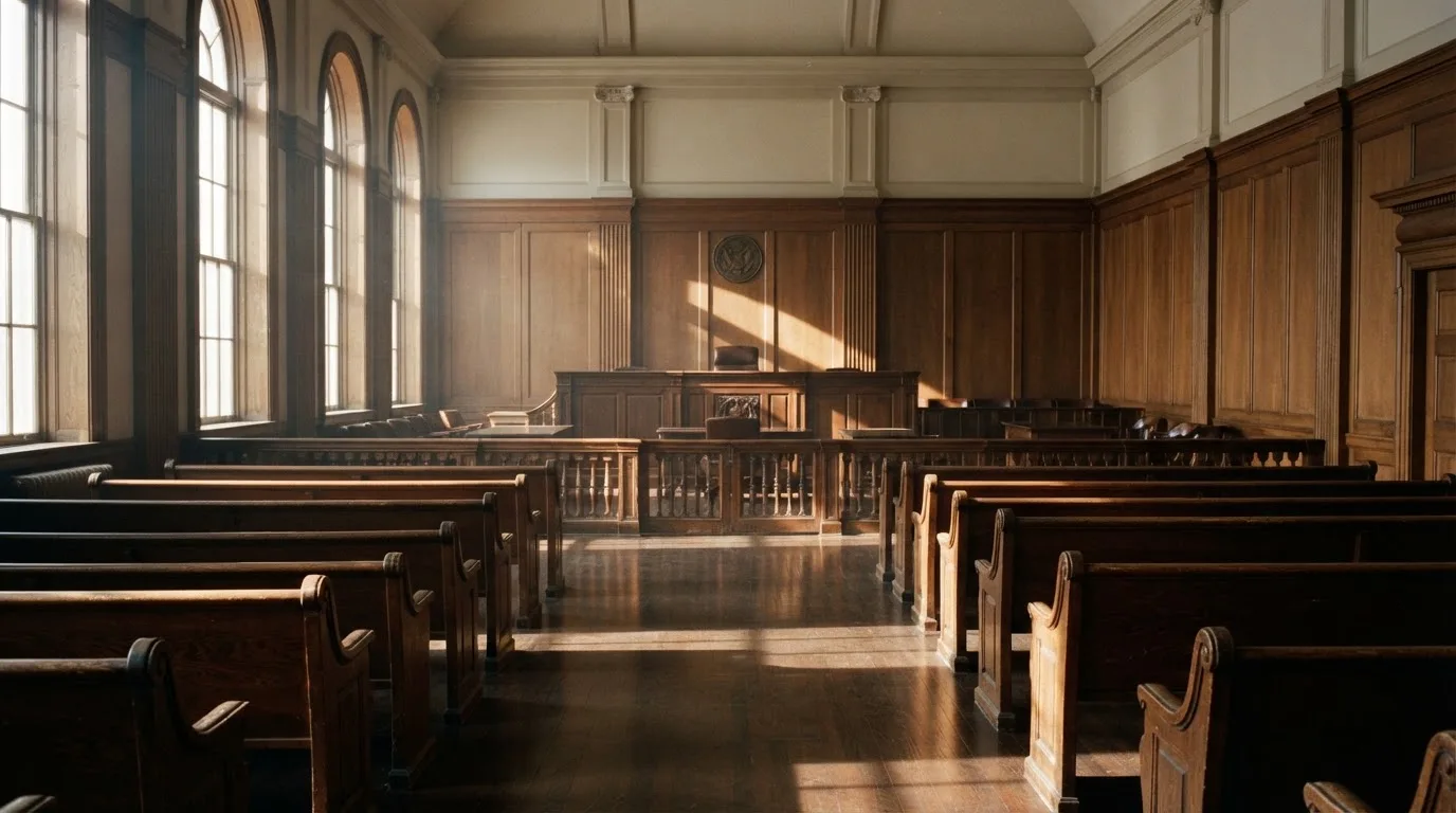 An empty courtroom with wooden benches in morning light