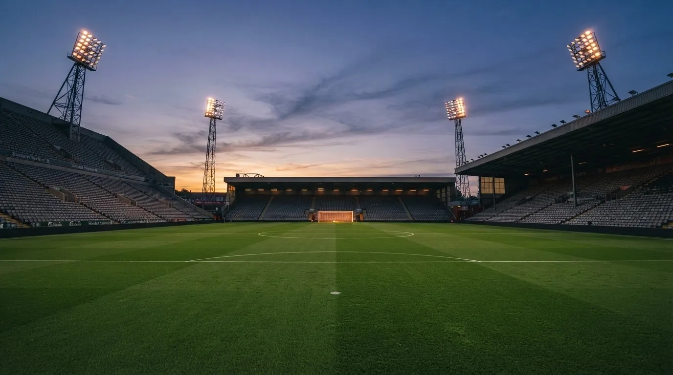 An empty football stadium with floodlight masts at dusk