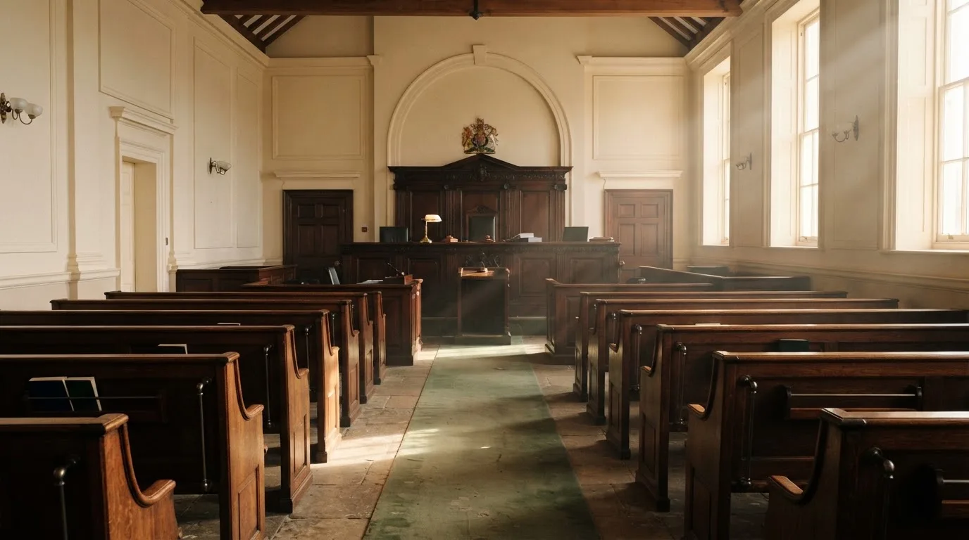 An empty courtroom with wooden benches in morning light