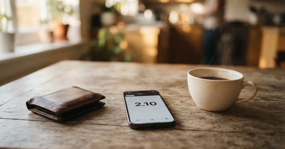 A smartphone on a wooden table beside a wallet and a coffee cup