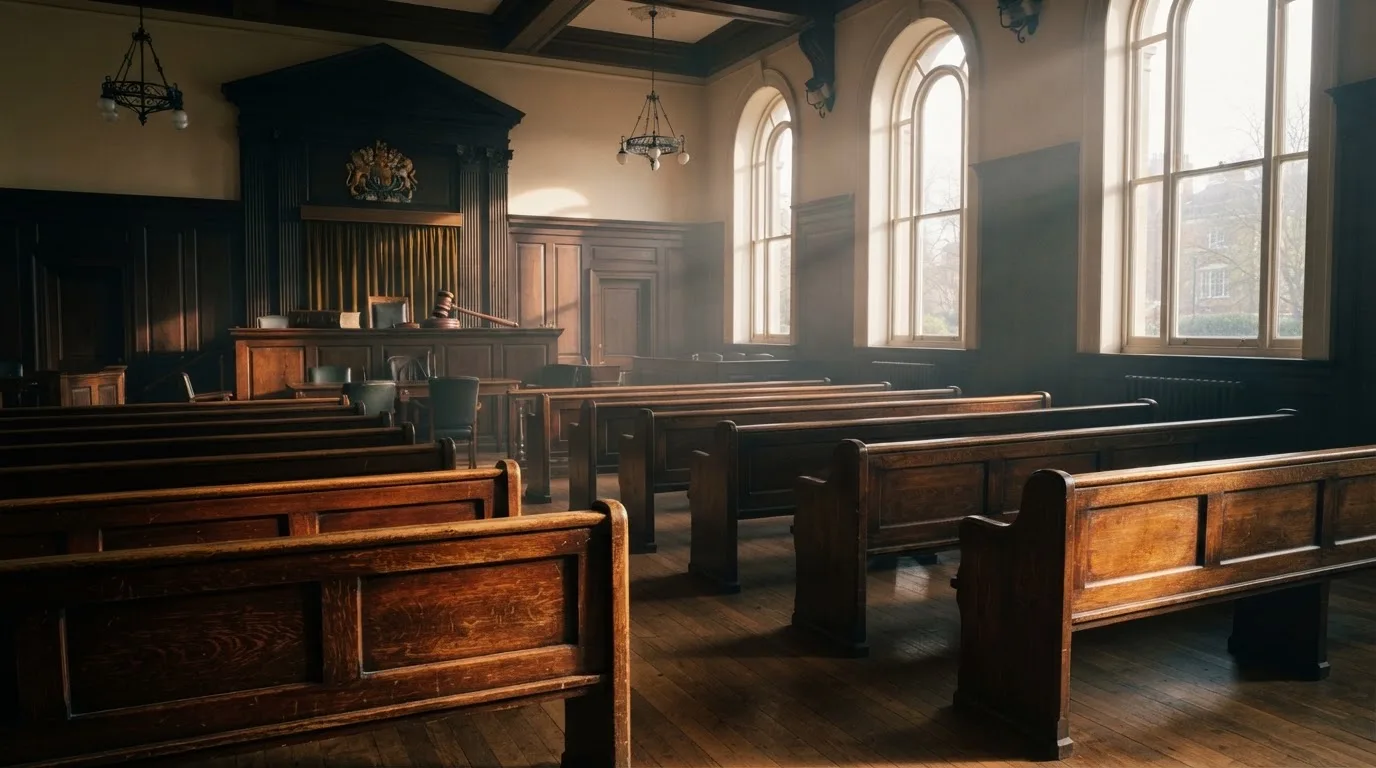An empty courtroom with wooden benches in morning light