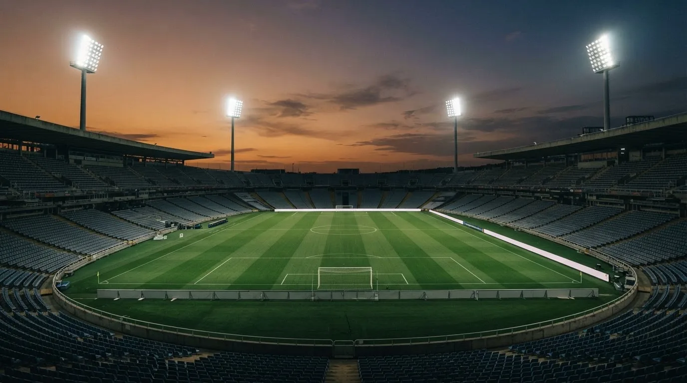 An empty football stadium with floodlight masts at dusk