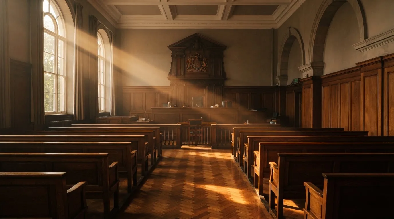 An empty courtroom with wooden benches in morning light
