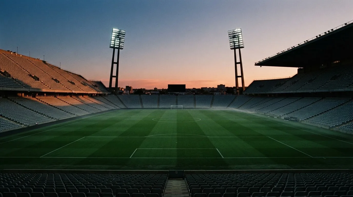 An empty football stadium with floodlight masts at dusk