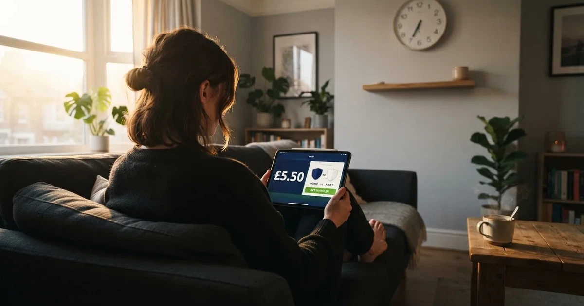 A person on a sofa looking thoughtfully at a tablet, a wall clock in the background