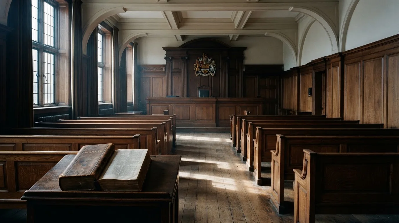 An empty courtroom with wooden benches in morning light
