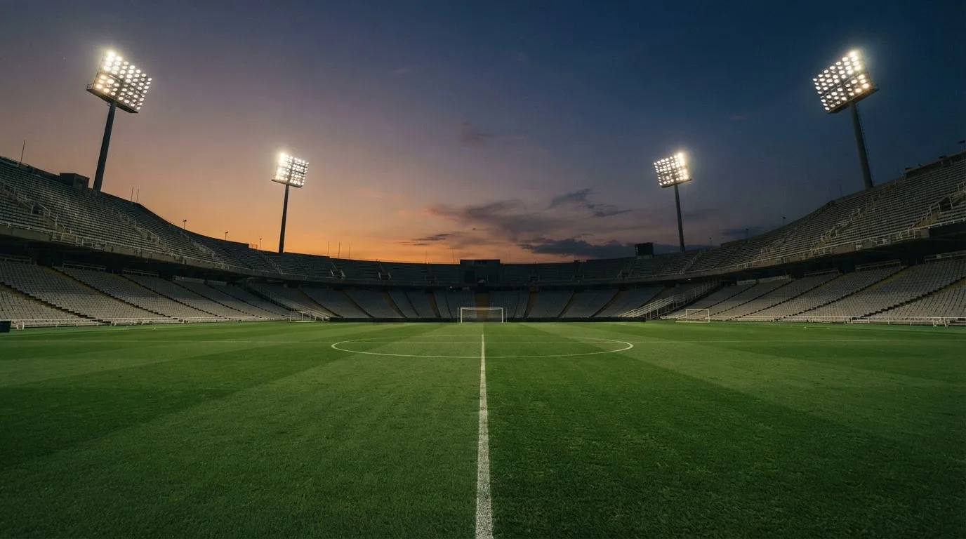 An empty football stadium with floodlight masts at dusk