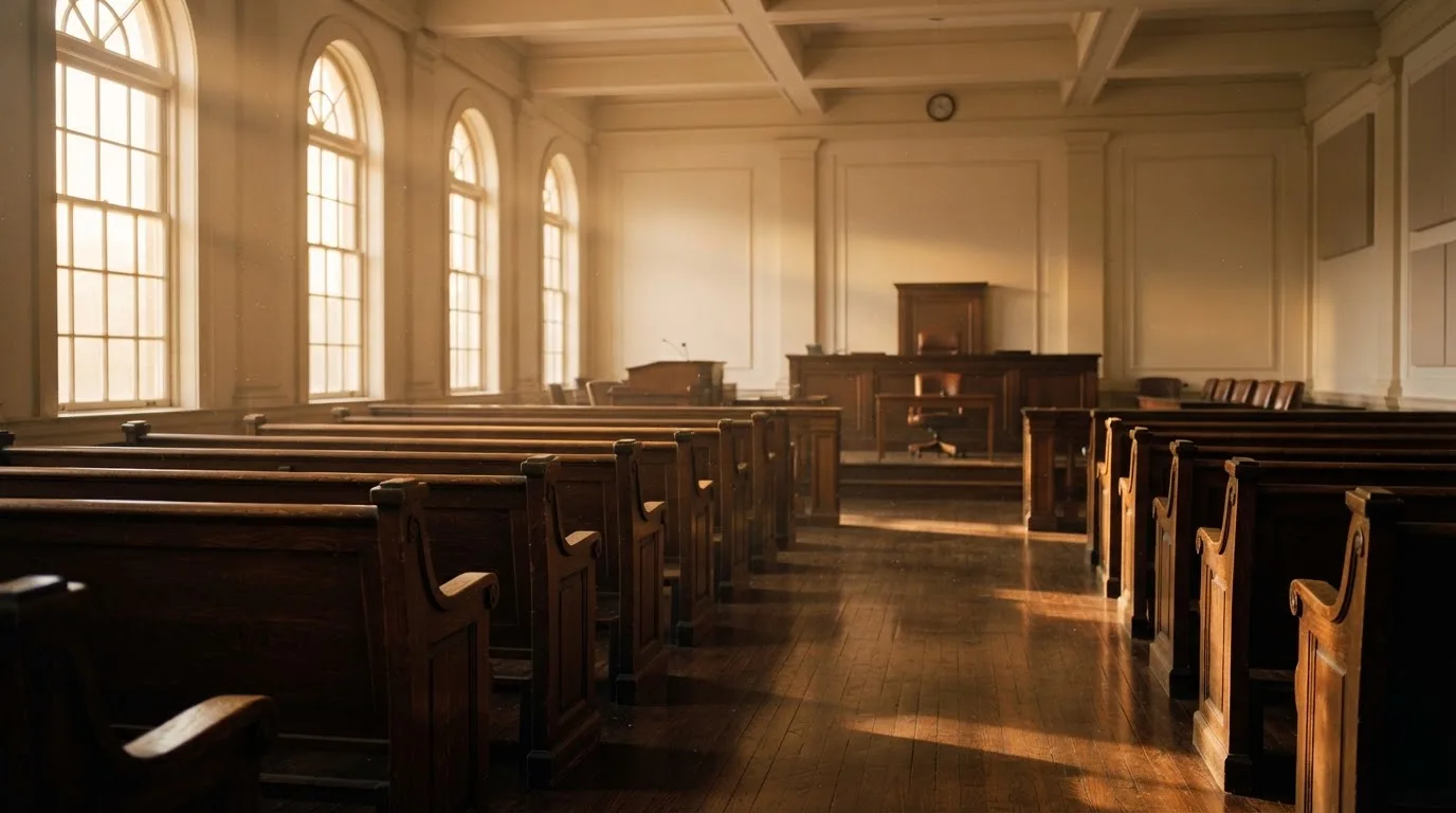 An empty courtroom with wooden benches in morning light