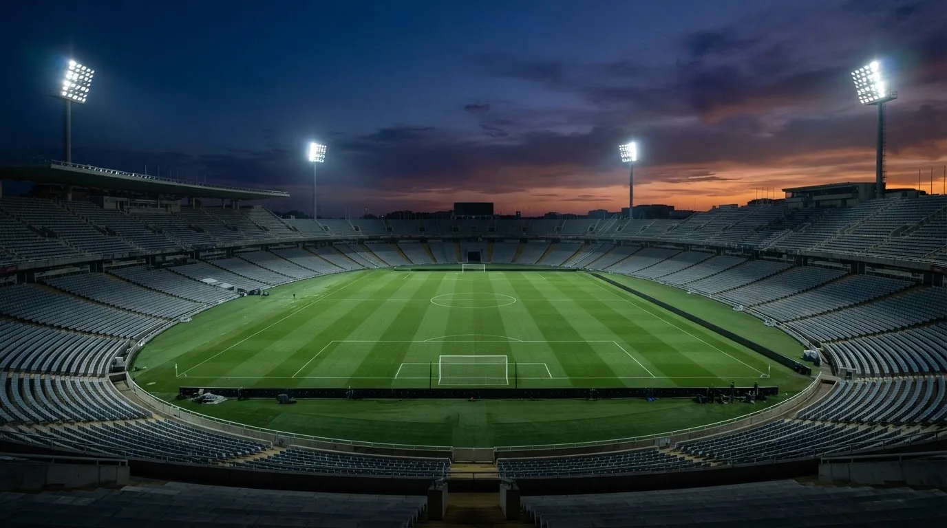 An empty football stadium with floodlight masts at dusk