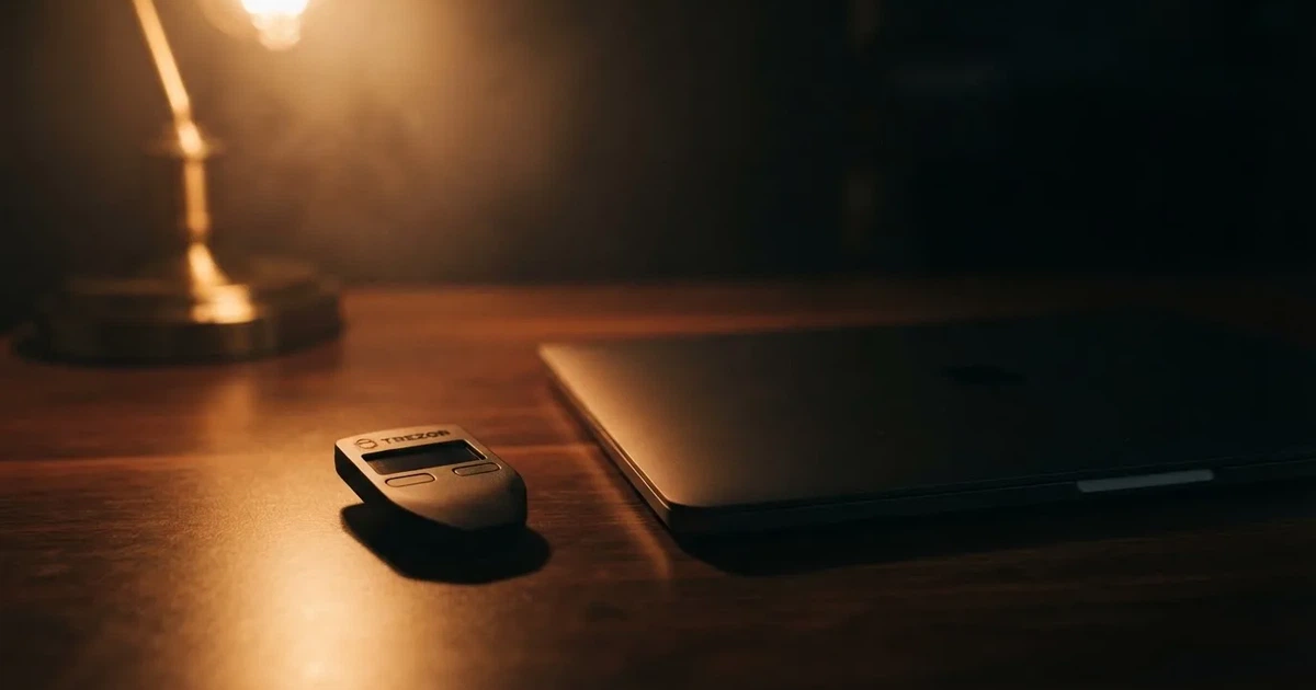 A hardware wallet and a closed laptop on a desk in dim light