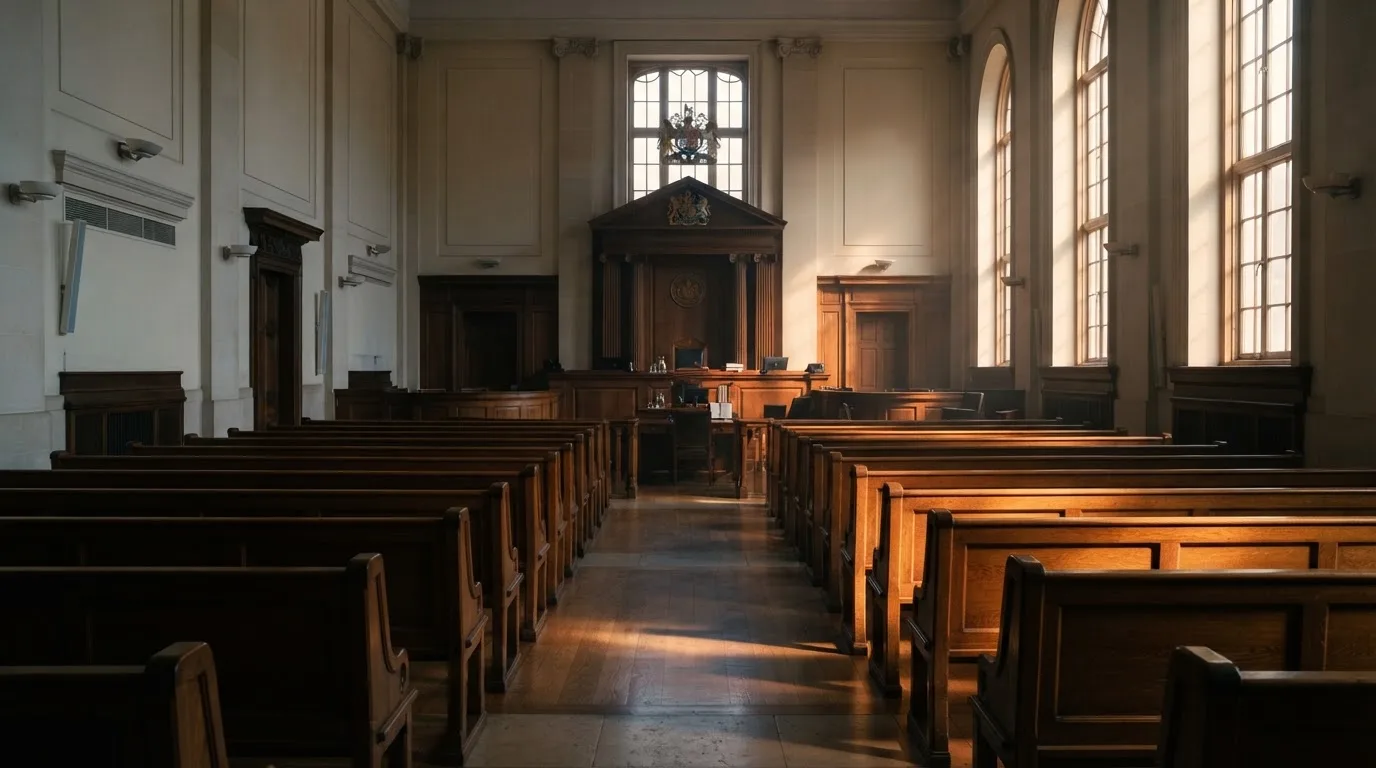 An empty courtroom with wooden benches in morning light
