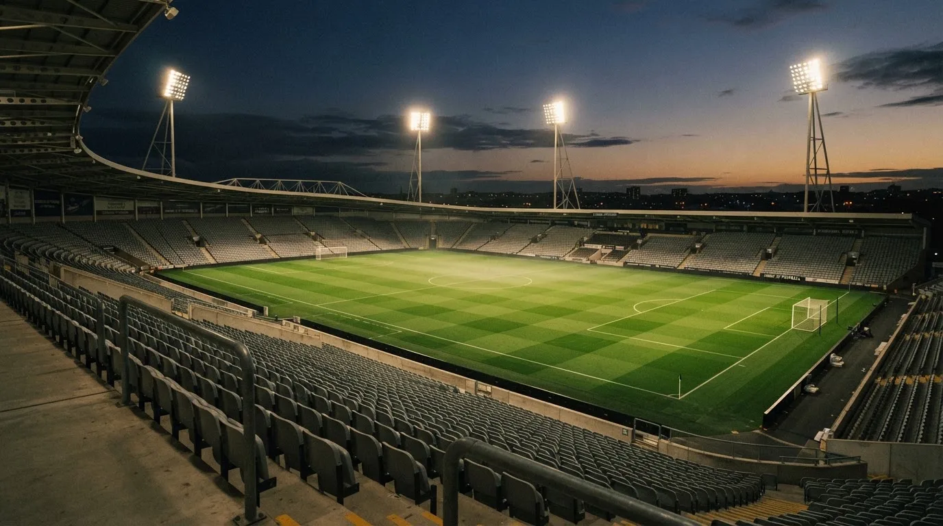 An empty football stadium with floodlight masts at dusk