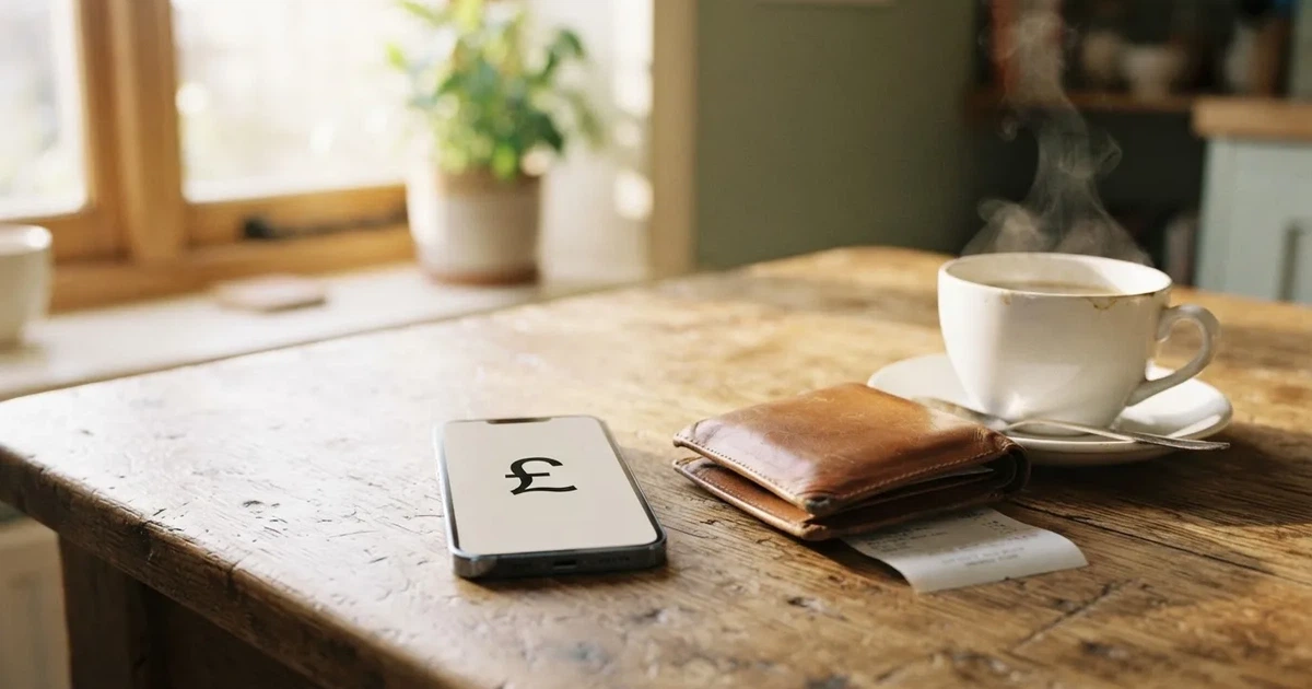 A smartphone on a wooden table beside a wallet and a coffee cup