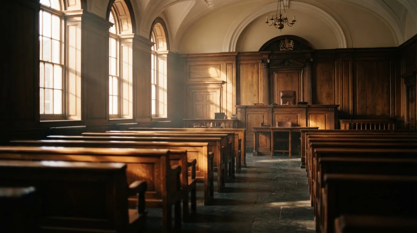 An empty courtroom with wooden benches in morning light