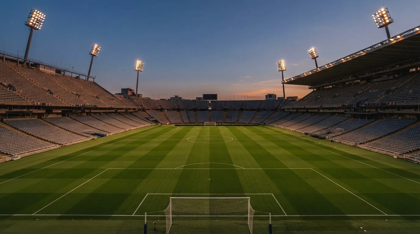 An empty football stadium with floodlight masts at dusk
