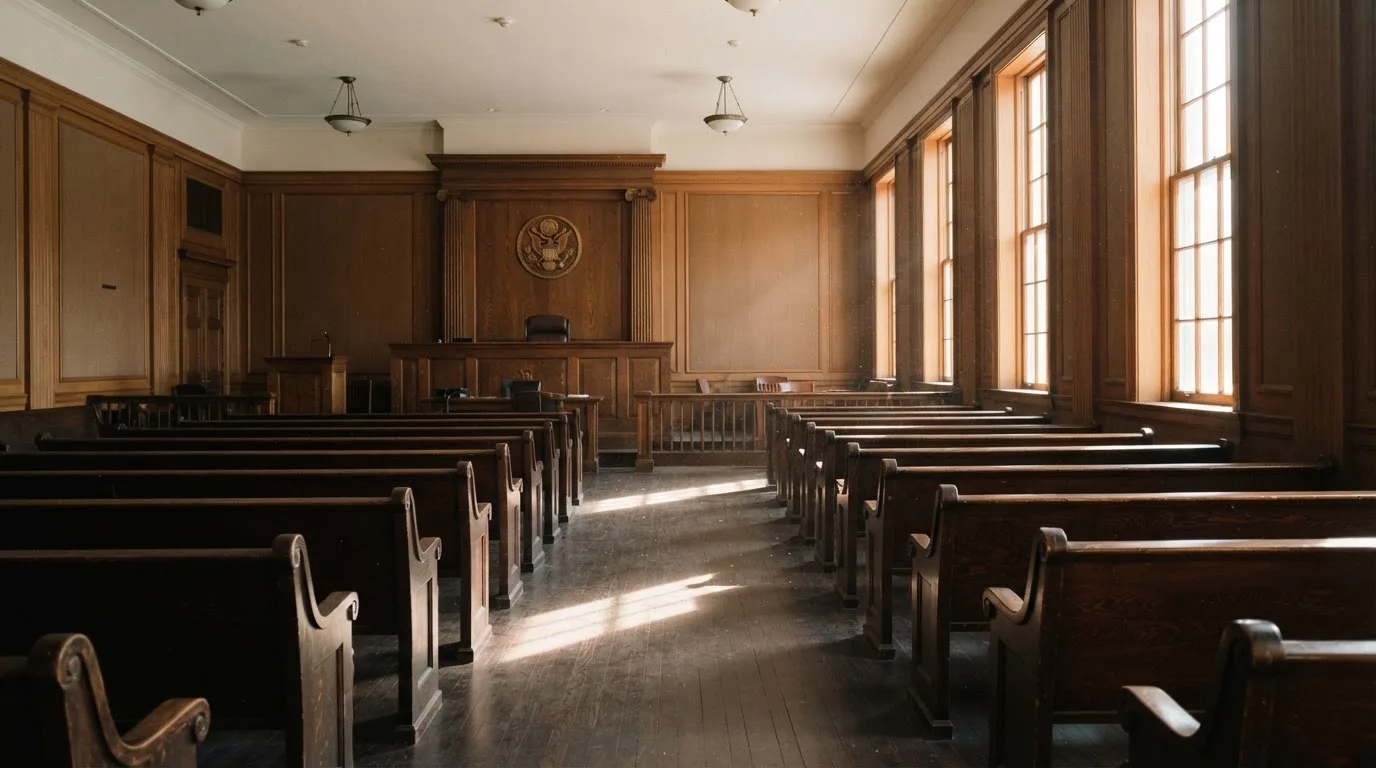 An empty courtroom with wooden benches in morning light