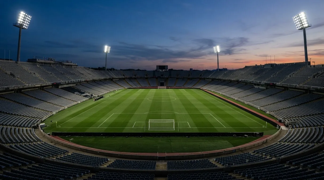 An empty football stadium with floodlight masts at dusk