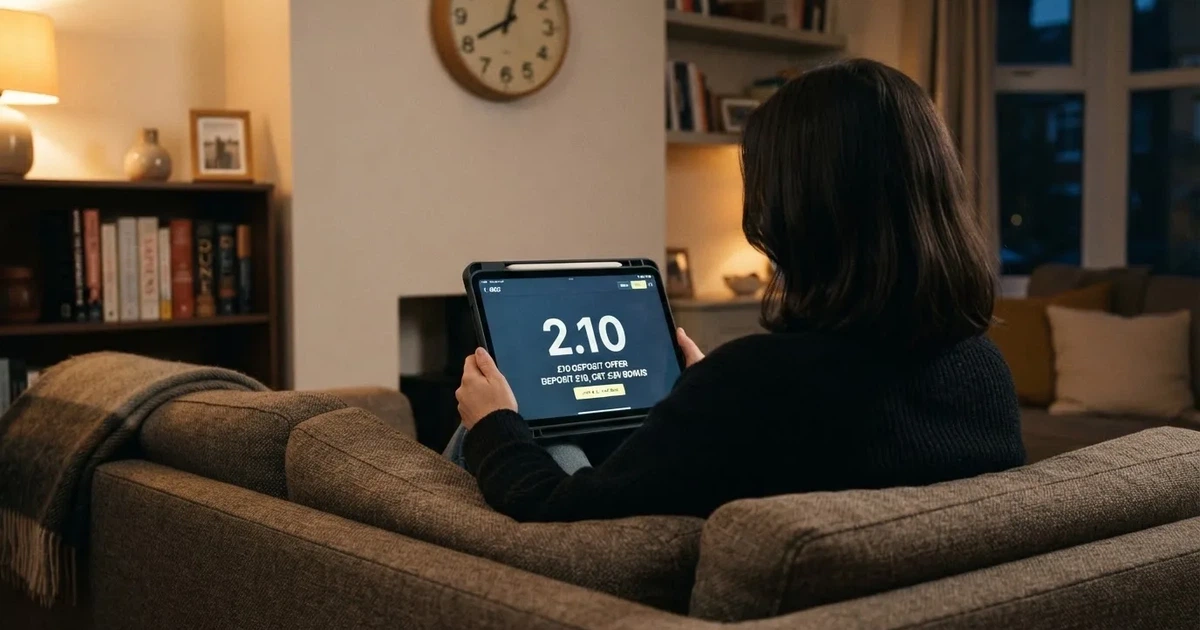 A person on a sofa looking thoughtfully at a tablet, a wall clock in the background