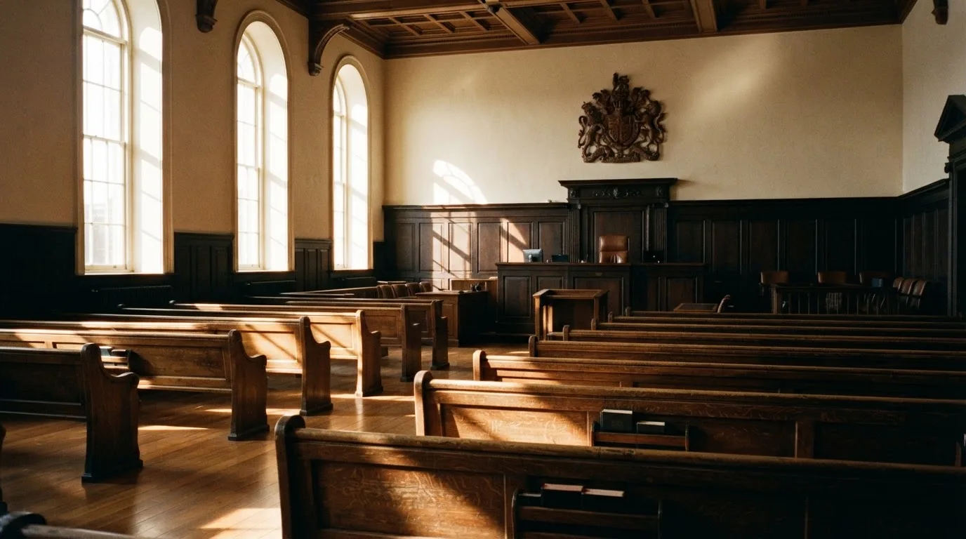 An empty courtroom with wooden benches in morning light
