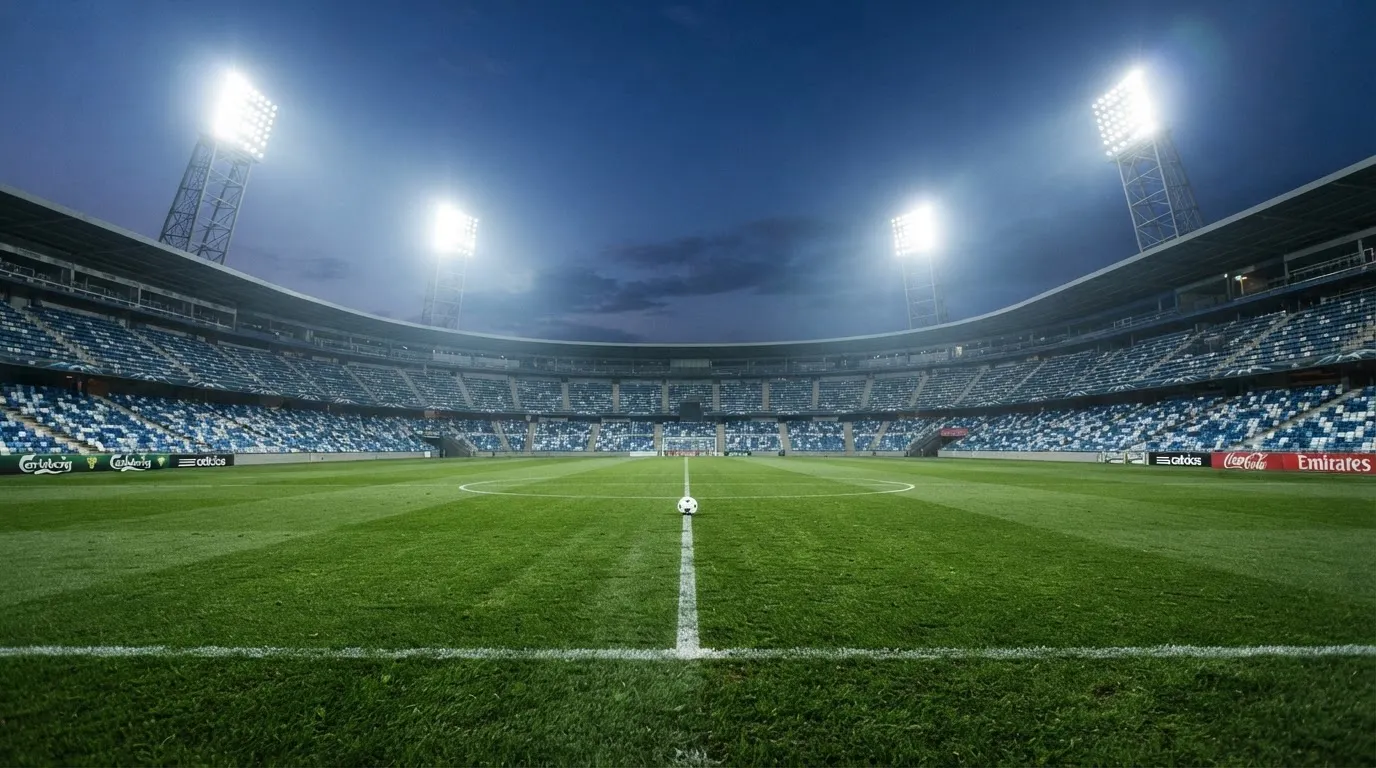 An empty football stadium with floodlight masts at dusk