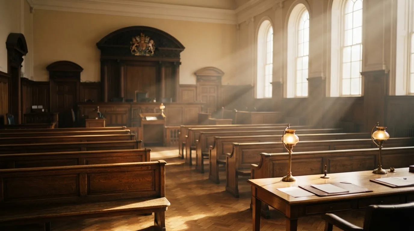 An empty courtroom with wooden benches in morning light