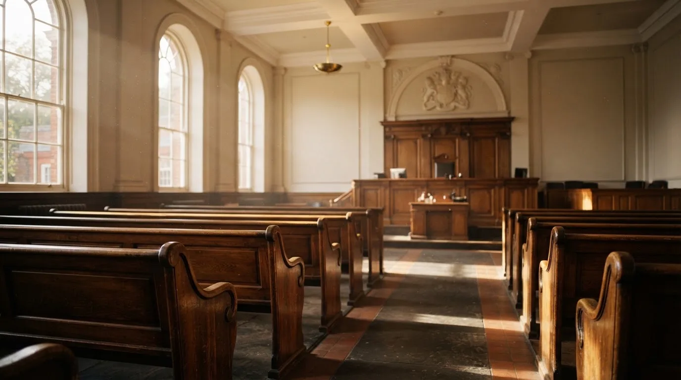 An empty courtroom with wooden benches in morning light