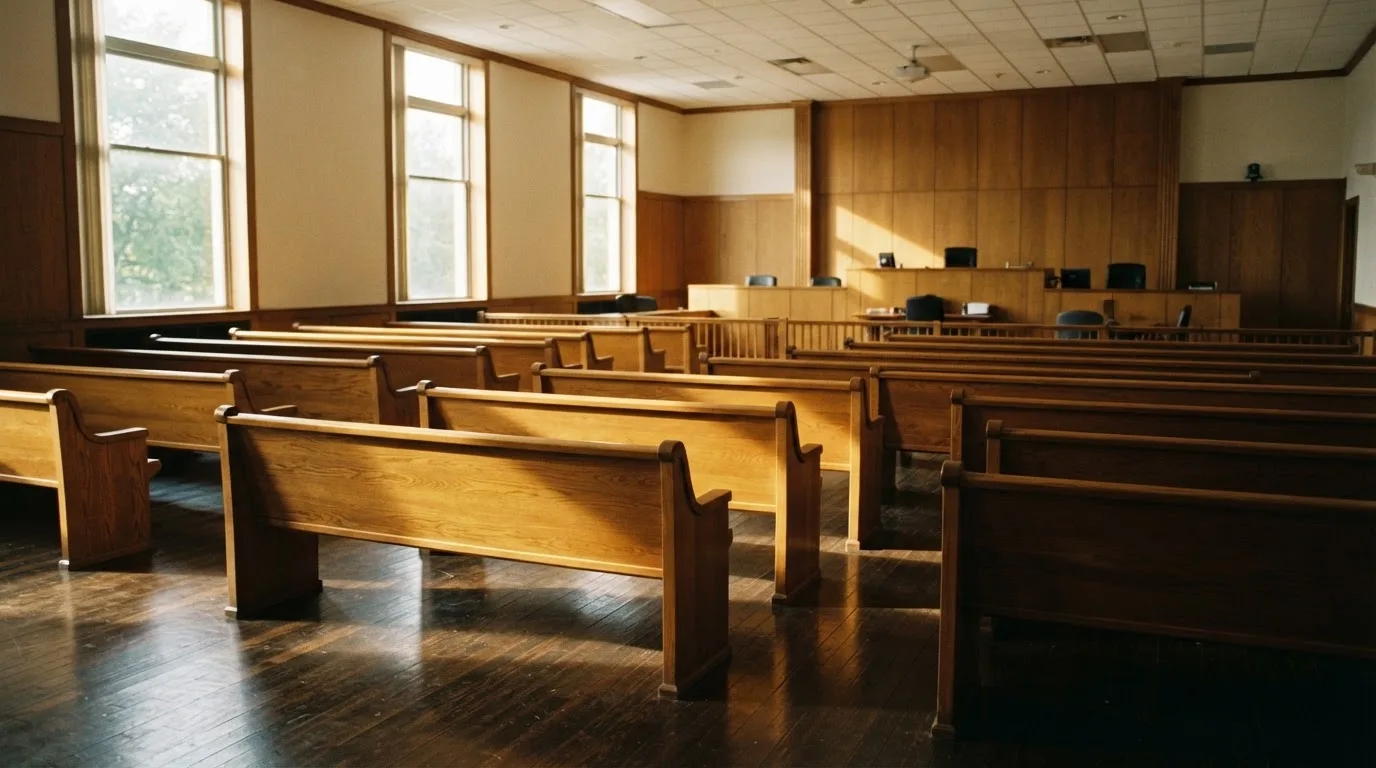 An empty courtroom with wooden benches in morning light