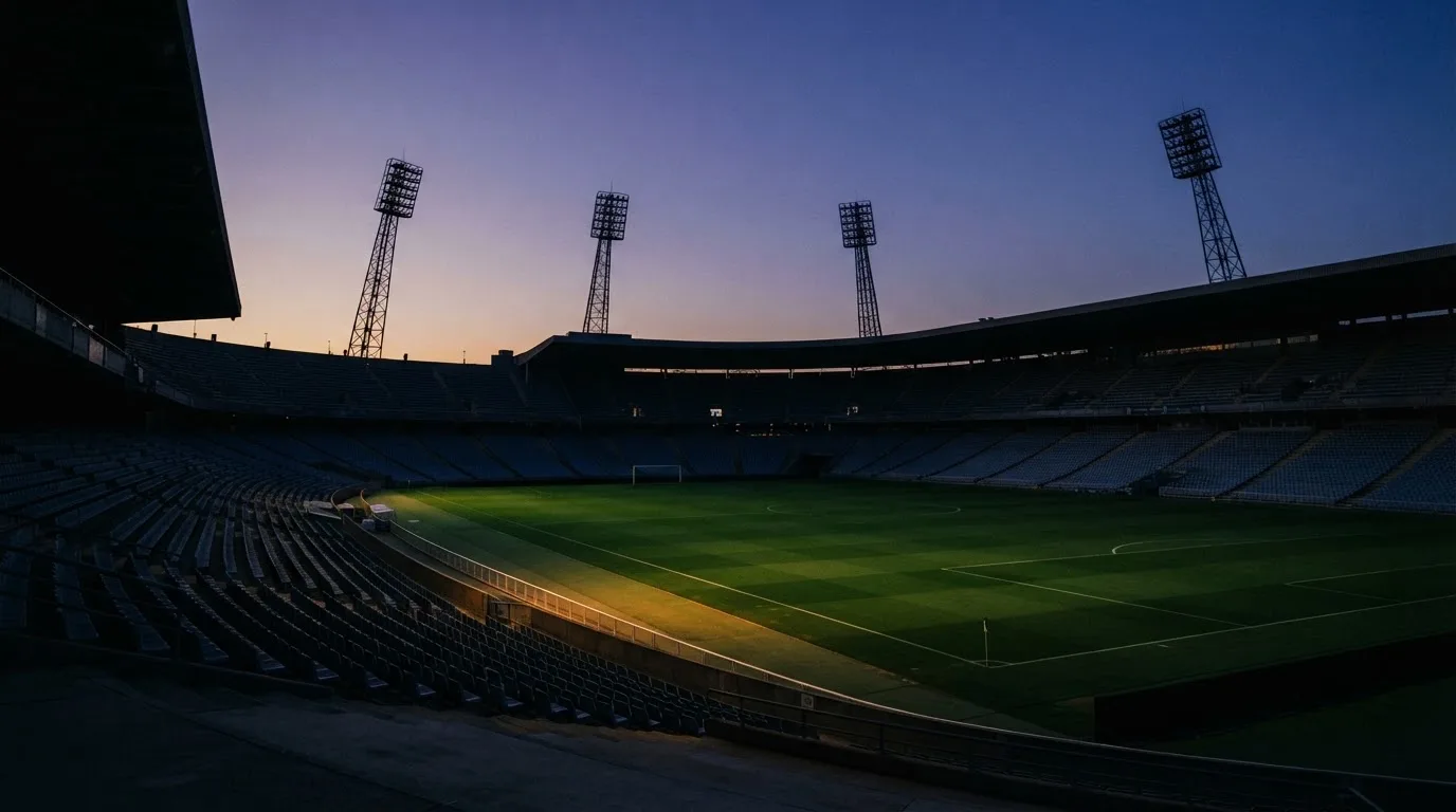 An empty football stadium with floodlight masts at dusk