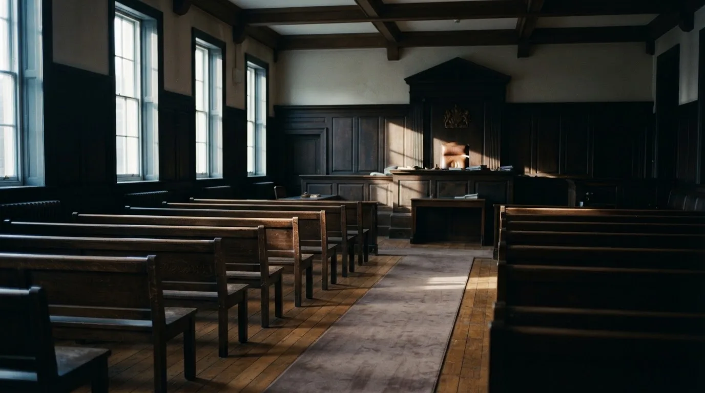 An empty courtroom with wooden benches in morning light