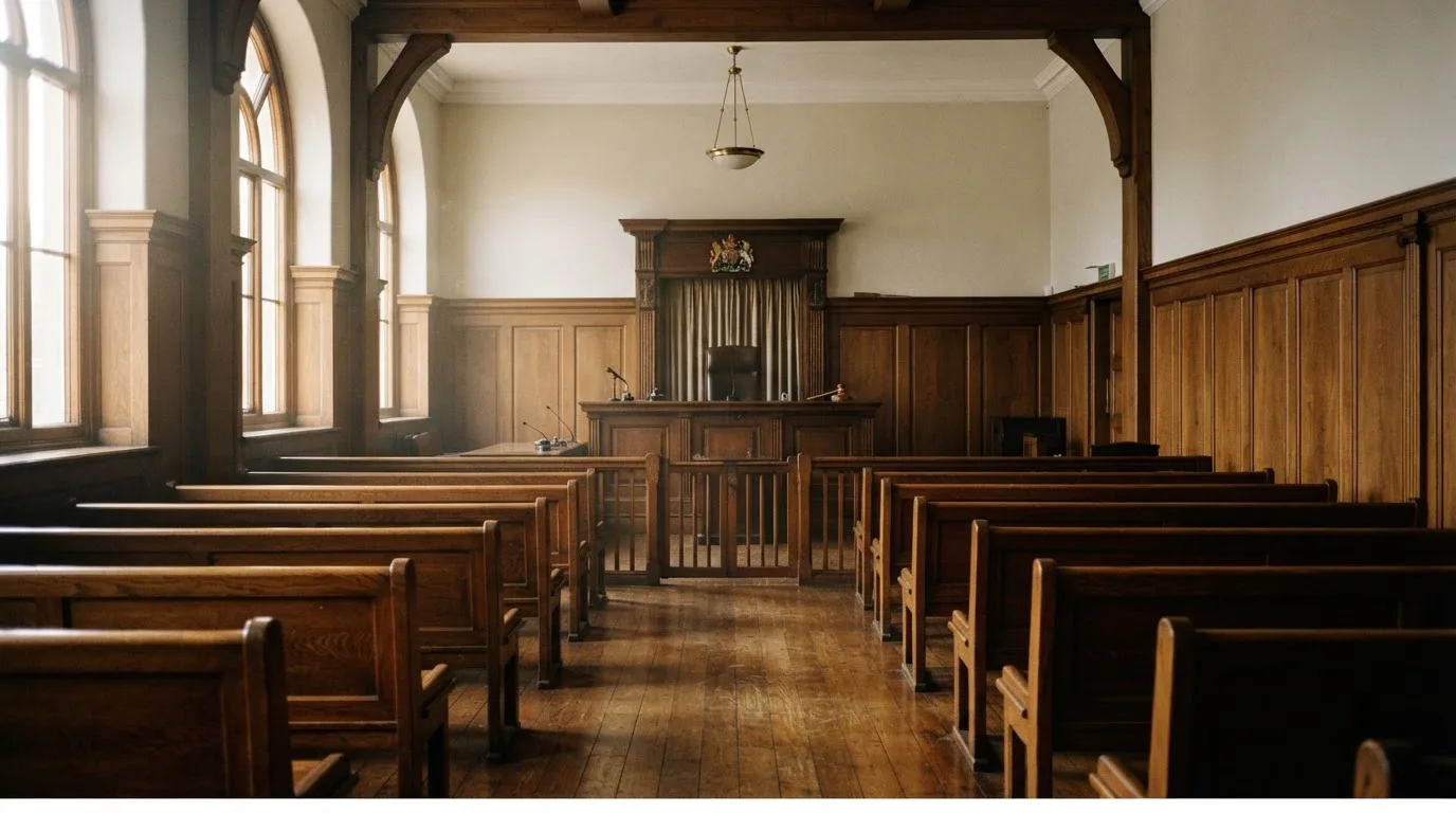 An empty courtroom with wooden benches in morning light