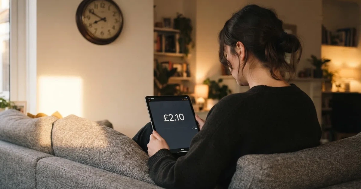 A person on a sofa looking thoughtfully at a tablet, a wall clock in the background